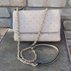 NEW INC Vachetta Crossbody Clutch Handbag Purse Tan wGold Accent Removable strap